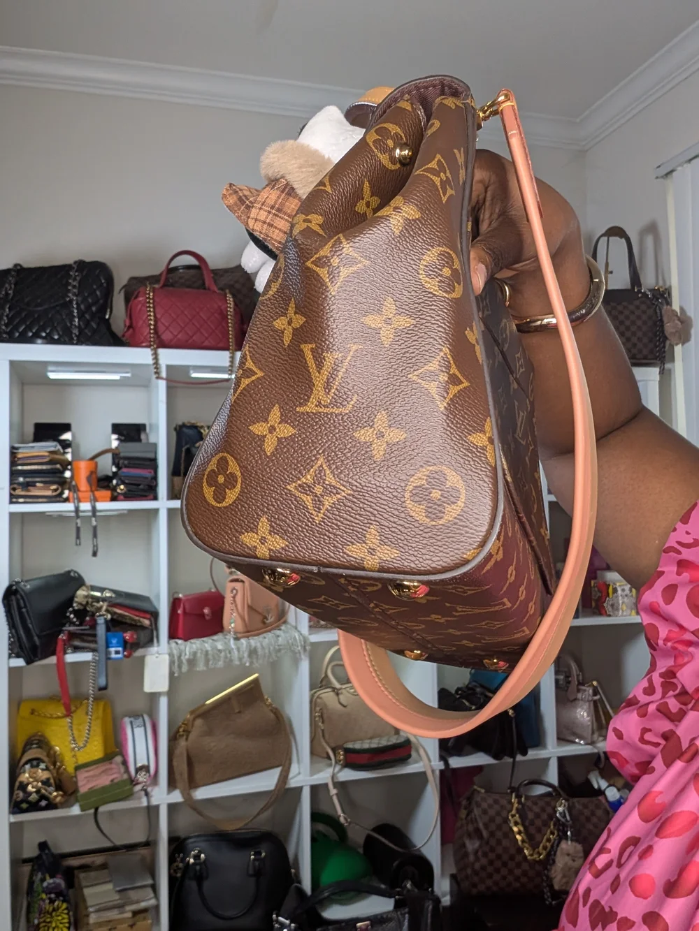Louis Vuitton Clunny Brown Monogram Canvas Satchel with Pink-Tan Strap